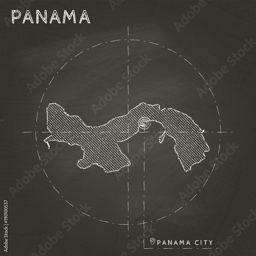 Panama chalk map with capital marked, hand-drawn on a textured school blackboard. Chalk Panama outline with Panama City marked. Vector illustration.