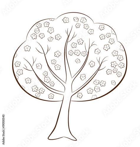 Spring tree with flowers in outline style on white background