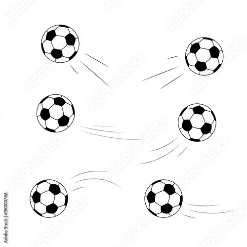 Set of soccer ball icons on white background. Balls fly in different directions  a trace from the flight. Vector illustration