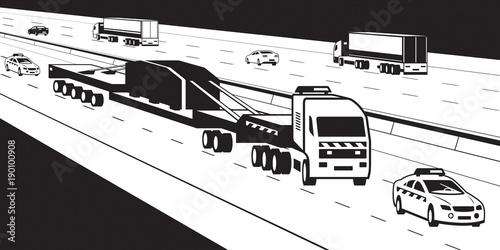 Heavy duty truck with pilot cars on highway - vector illustration