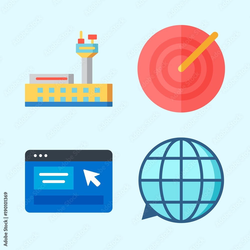 Icons set about Seo with online shop, airport, target and translation
