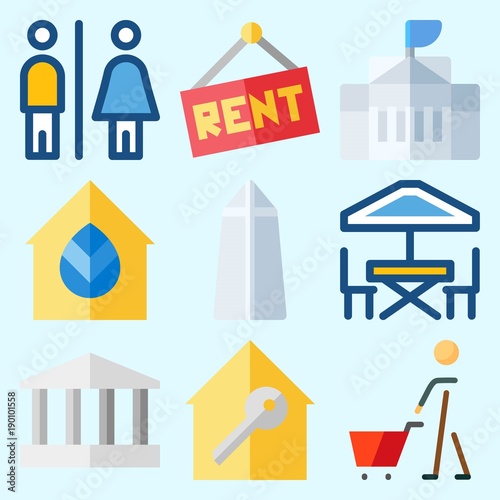 Icons set about Construction with toilet, monumental, shopping, washington monument, for rent and white house