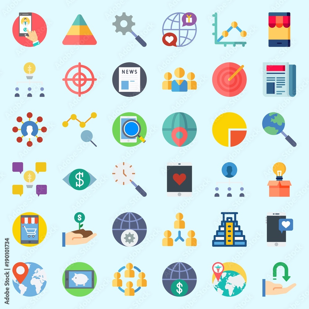 Icons set about Marketing with line chart, location, search, target, idea and vision Icons set about Marketing with line chart, location, search, target, idea and vision