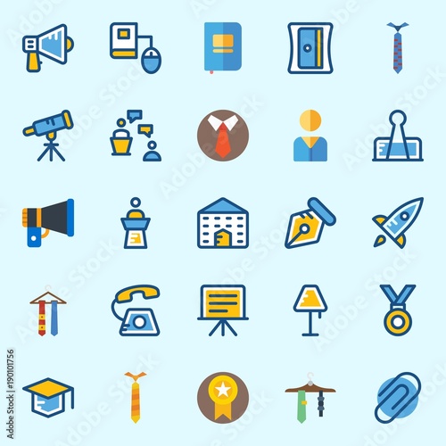 Icons set about School And Education with presentation, user, megaphone, lecture, paperclip and sharpener