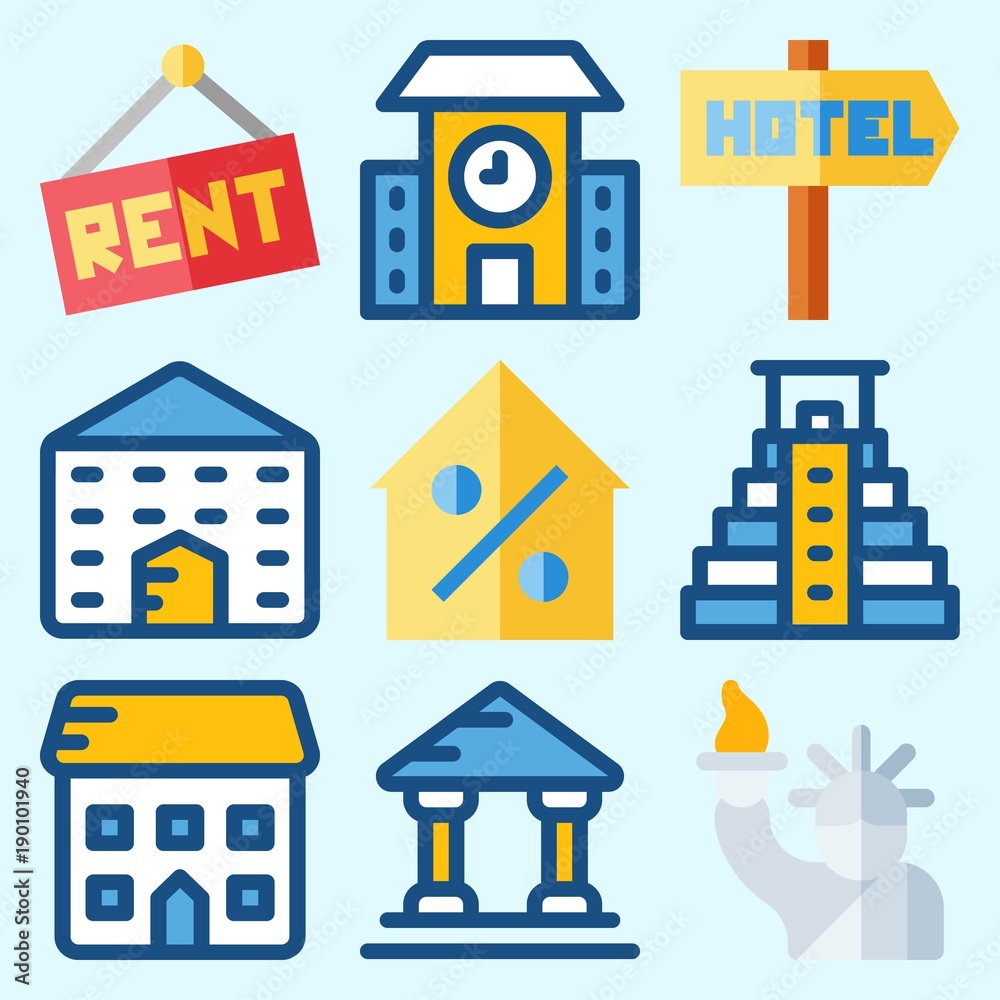 Fototapeta premium Icons set about Construction with real estate, museum, school, for rent, pyramid and statue of liberty