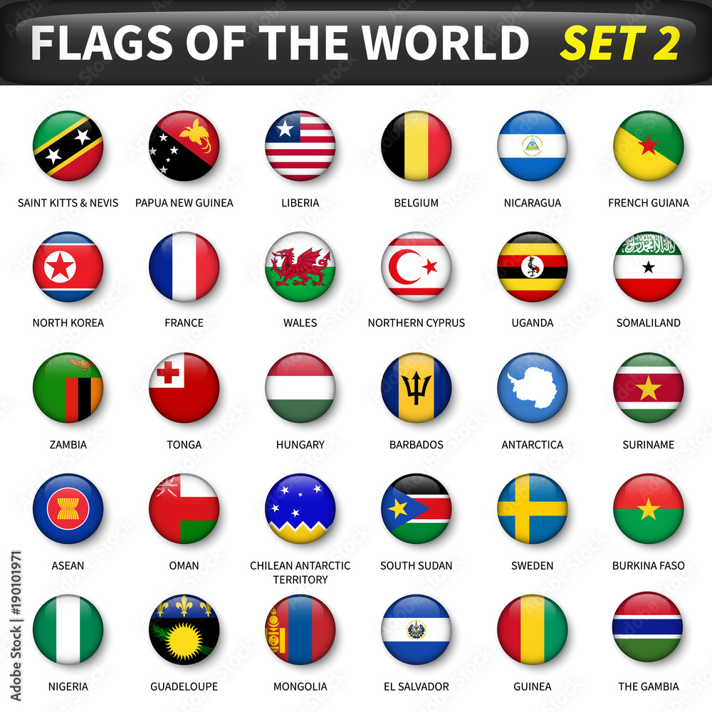 All flags of the world set 2 . Circle and convex design All flags of the world set 2 . Circle and convex design