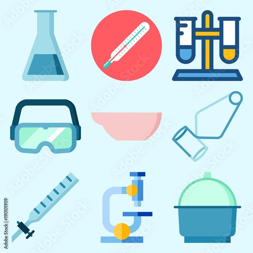 Icons set about Laboratory with crucible, secure glasses, evaporatior dish, microscope, separator funnel and thermometer