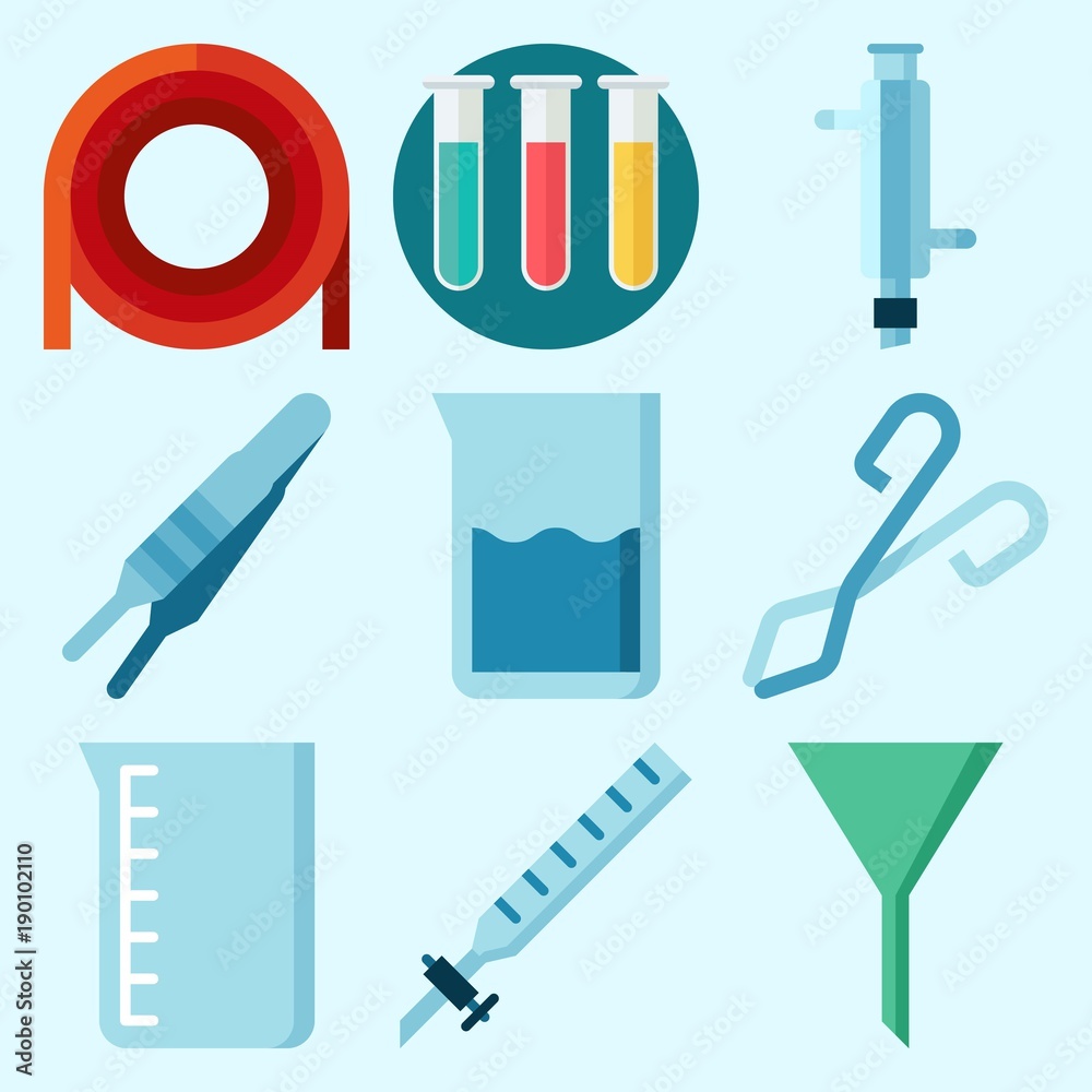Icons set about Laboratory with kipp's apparatus, condenser, laboratory, funnel, separator funnel and test tubes Icons set about Laboratory with kipp's apparatus, condenser, laboratory, funnel, separator funnel and test tubes