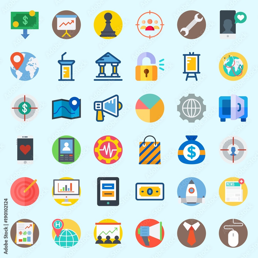 Icons set about Digital Marketing with statistics, pawn, pie chart, map, tablet and mouse Icons set about Digital Marketing with statistics, pawn, pie chart, map, tablet and mouse