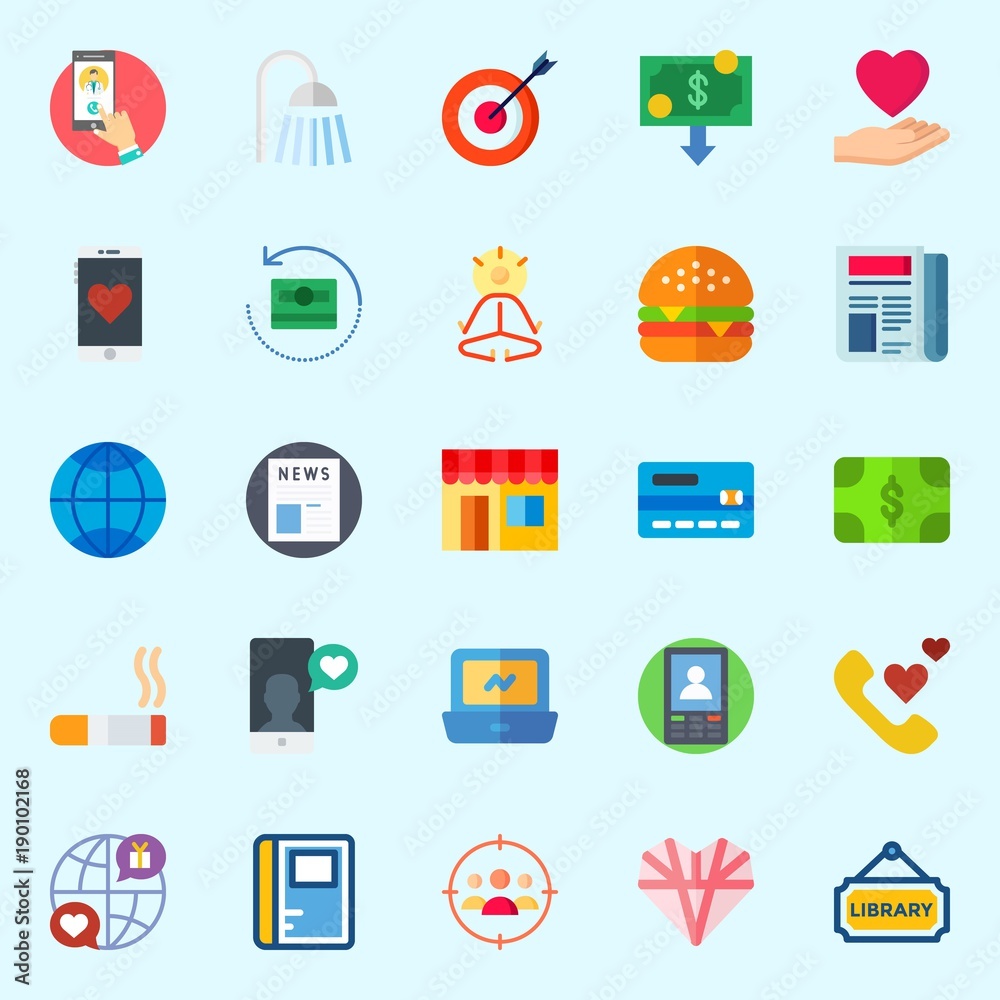Icons set about Lifestyle with newspaper, online store, targeting, hamburger, internet and library Icons set about Lifestyle with newspaper, online store, targeting, hamburger, internet and library