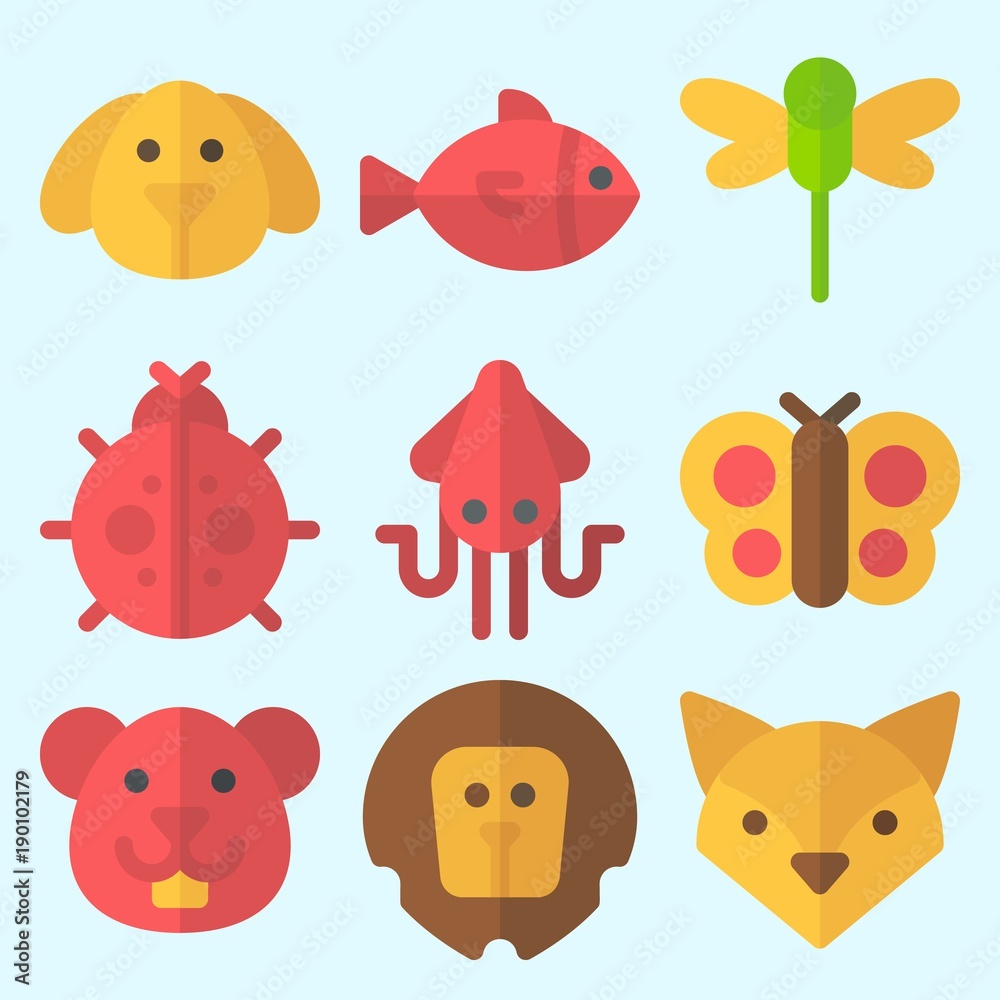 Icons set about Animals with ladybug, fox, squid, hamster, butterfly and fish