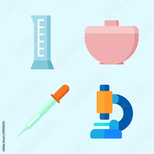 Icons set about Laboratory with dropper, cylinder, microscope and trough