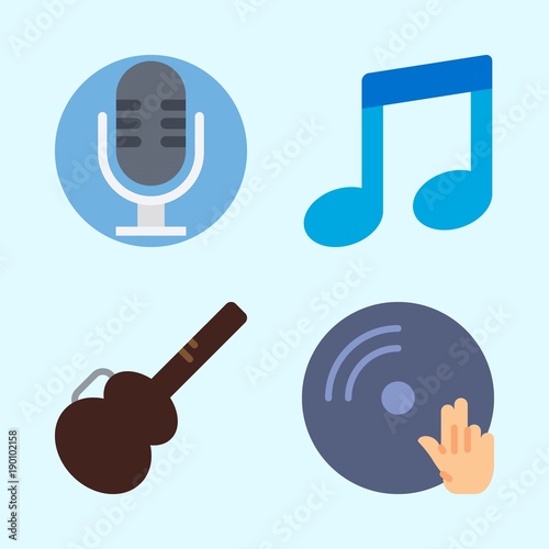 Icons set about Music with microphone, dj, musical note, vinyl, guitar protector and disc jockey