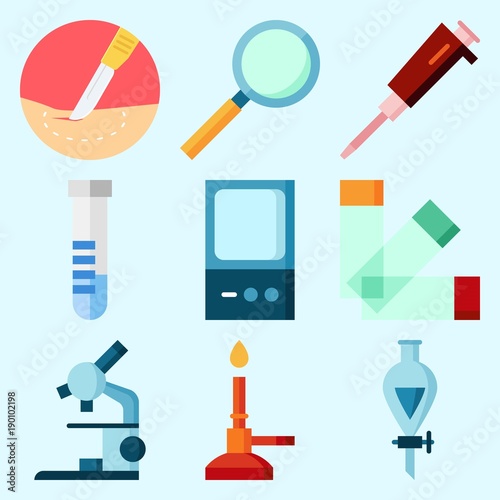 Icons set about Laboratory with lab, test tube, microscope, surgery, funnel and condenser