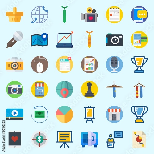 Icons set about Digital Marketing with photo camera, shop, mouse, pawn, smartphone and stats