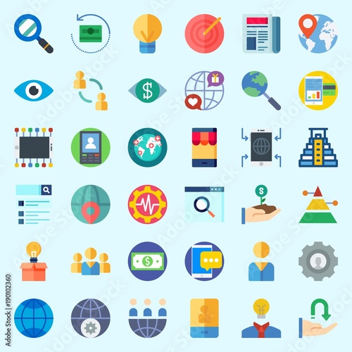 Icons set about Marketing with settings, network, money, target, teamwork and internet