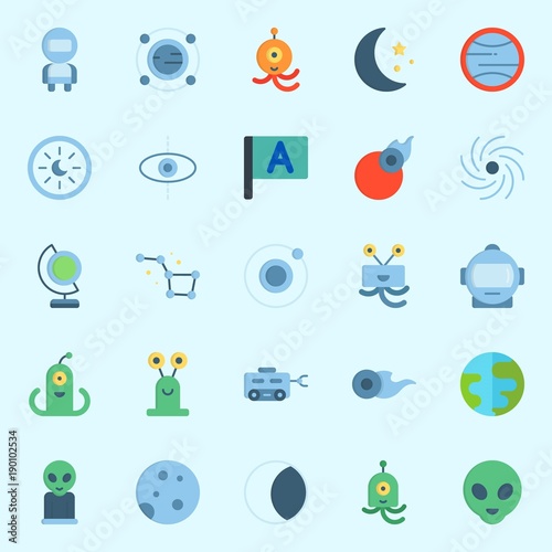 Icons set about Universe with orbit, earth, flag, moon rover, uran and comet