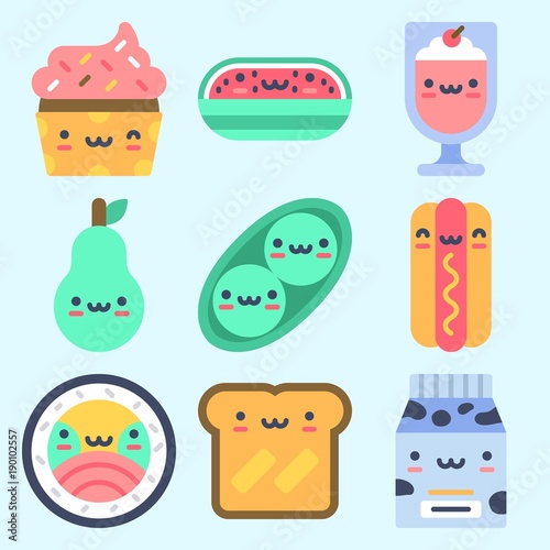 Icons set about Food with milk, sushi, pea, pear, watermelon and cupcake
