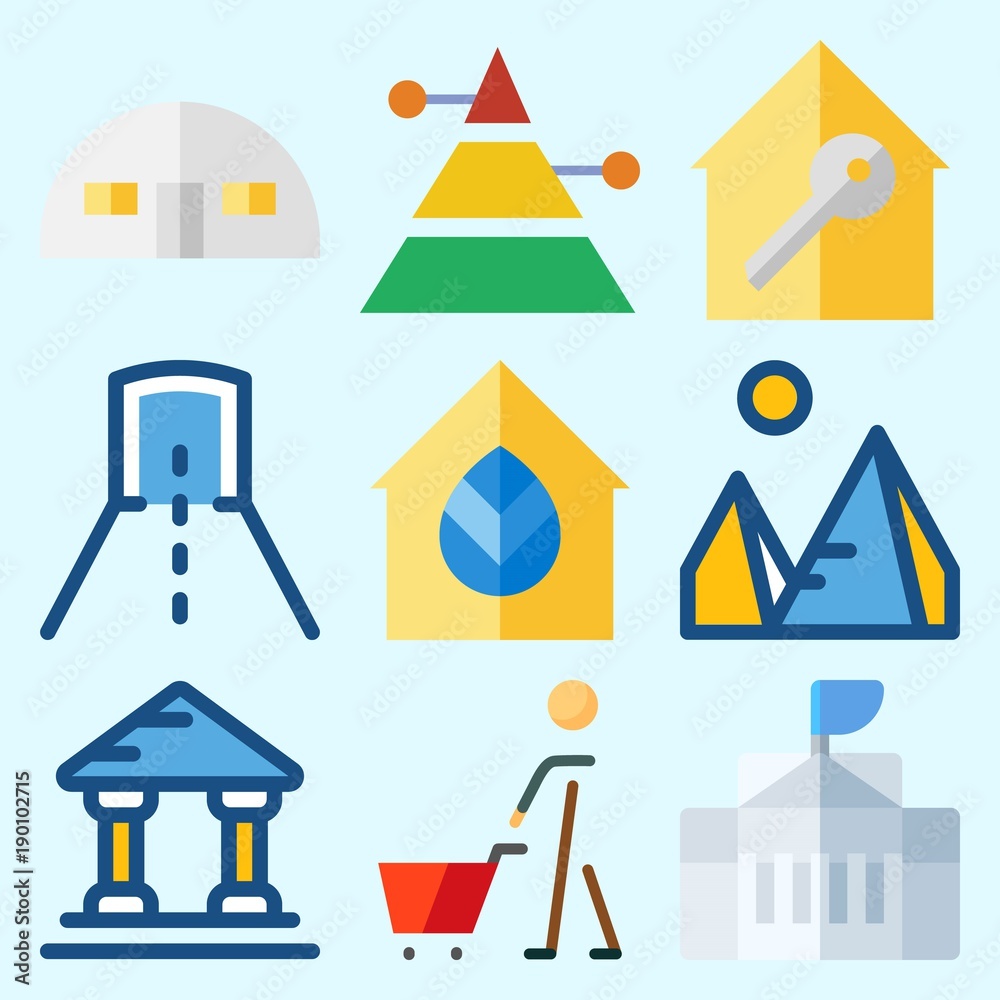 Icons set about Construction with museum, tunnel, white house, pyramid, shopping and real estate Icons set about Construction with museum, tunnel, white house, pyramid, shopping and real estate