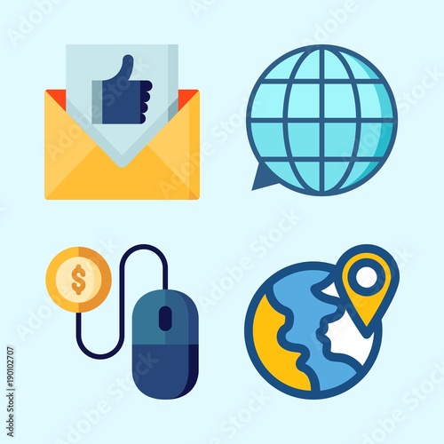 Icons set about Seo with plane, translation, location, email and pay per click
