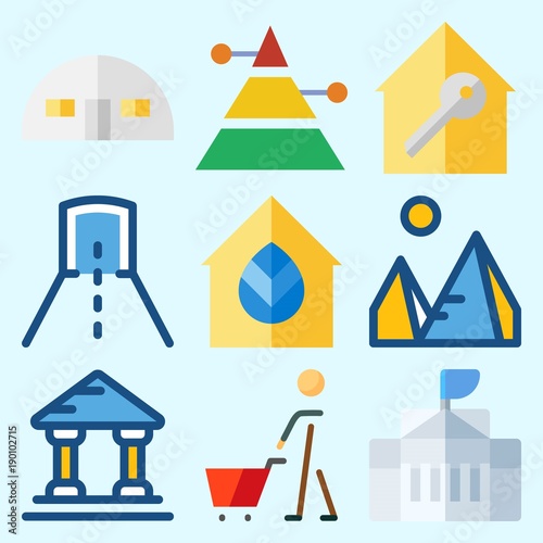 Icons set about Construction with museum, tunnel, white house, pyramid, shopping and real estate