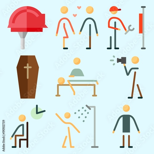 Icons set about Human with boyfriend , shower, male, massage, worker and waiting room