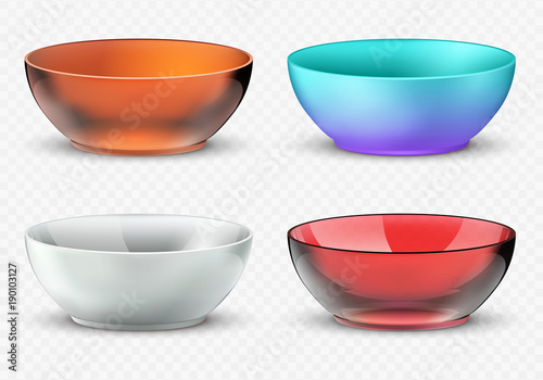 Empty realistic vector food bowls. Plastic, glass and porcelain kitchen dishware set