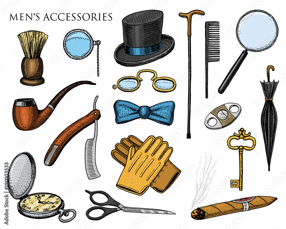 gentleman accessories. hipster or businessman, victorian era. engraved hand drawn vintage. brogues, briefcase, mustache, shirt and cigar. cylinder hat, smoking straight razor, monocle, pince-nez Adobe Stock