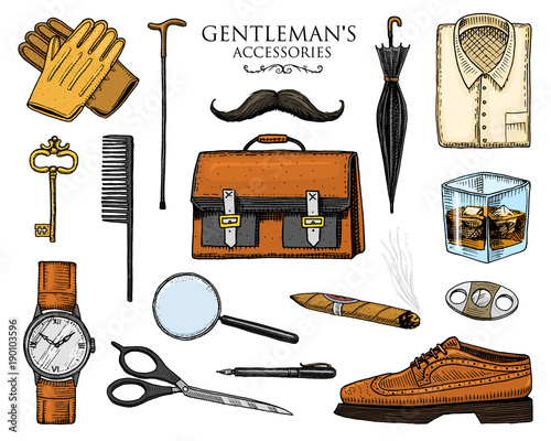 gentleman accessories set. hipster or businessman, victorian era. engraved hand drawn vintage. brogues, briefcase, shirt and cigar. cylinder hat, smoking pipe, straight razor, monocle, pince-nez