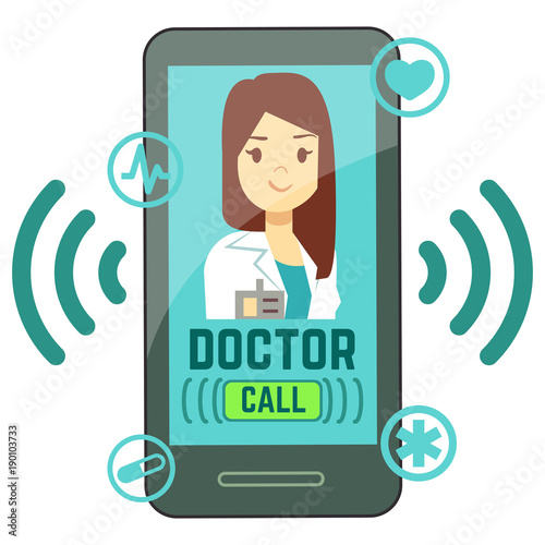 Flat mobile doctor, personalized medicine consultant on smartphone screen