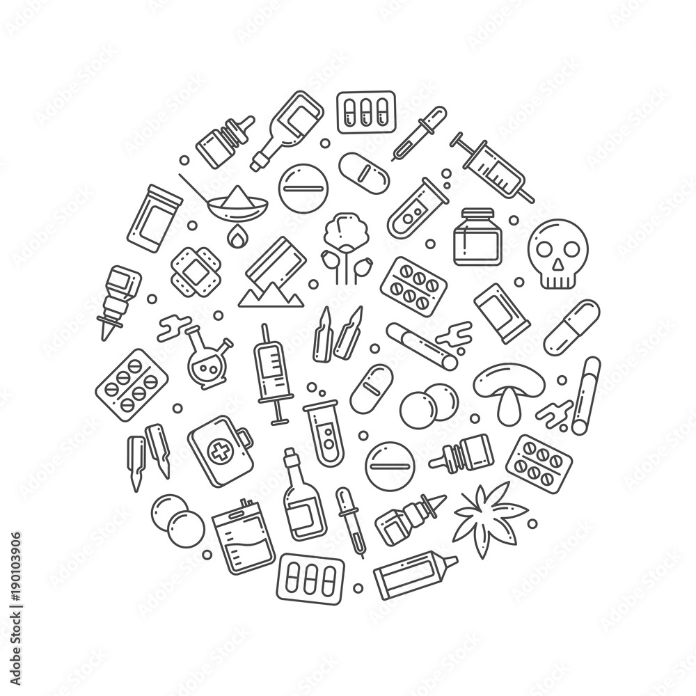 Medicine bottles drugs pills linear icons round concept Medicine bottles drugs pills linear icons round concept