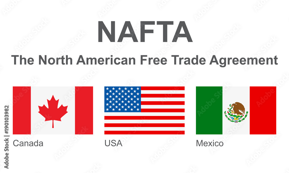Vector Flags of NAFTA Countries: Canada, Mexico and United States of America / USA. 
The North American Free Trade Agreement - Trilateral Trade Bloc. Political and Economic News Illustration. - obrazy, fototapety, plakaty 