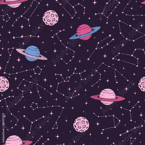 Hand drawn seamlesss pattern with zodiac constellations, planets and moons in pink pastel colors on the dark background. Cosmic backdrop.