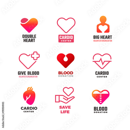 Cardiology and blood donation vector medical logos. International heart day emblems