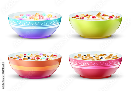 Bowls of breakfast with different milk cereal snacks. Vector set