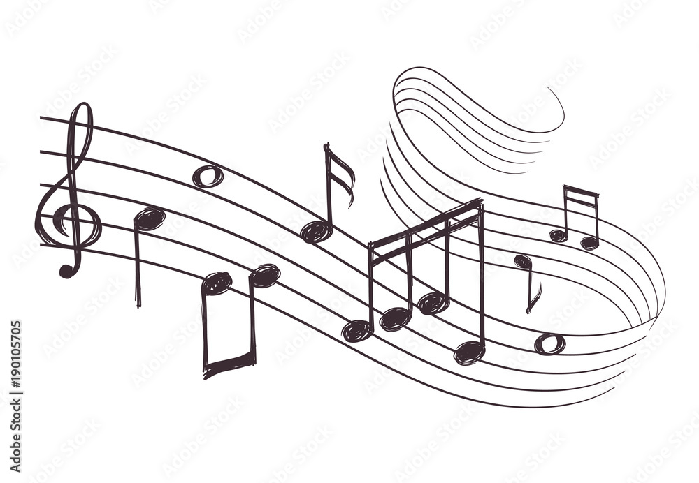 Fototapeta Sketch musical sound wave with music notes. Hand drawn vector illustration