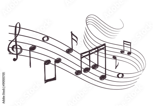 Sketch musical sound wave with music notes. Hand drawn vector illustration