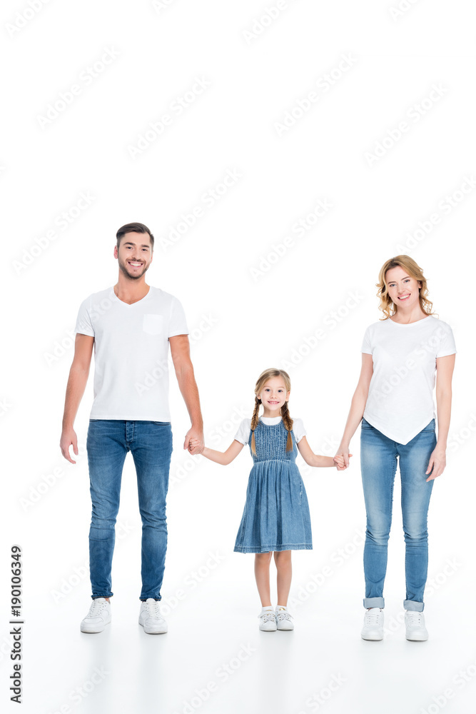 happy family holding hands together, isolated on white