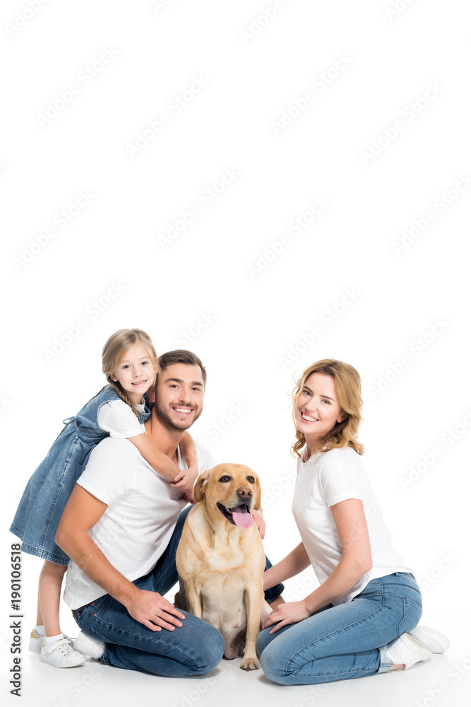 happy family with golden retriever dog, isolated on white
