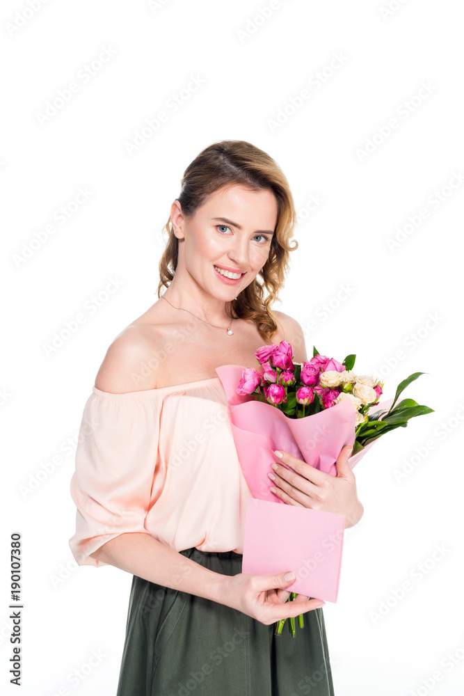 portrait of smiling woman with bouquet of roses and postcard isolated on white portrait of smiling woman with bouquet of roses and postcard isolated on white
