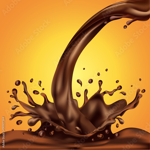 Splashing and whirl chocolate liquid for design uses isolated on warm background. Vector 3D illustrations, dynamic splashes and drops of hot coffee. Template for packaging, advertising, promotion.