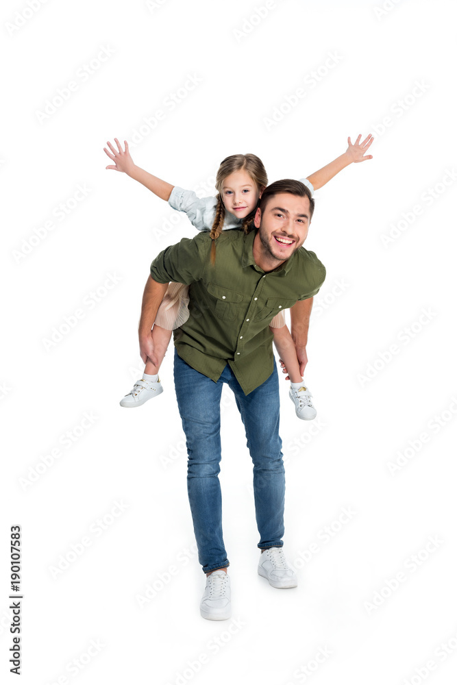 happy father and daughter piggybacking together isolated on white happy father and daughter piggybacking together isolated on white