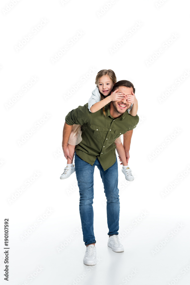 happy father and daughter piggybacking together isolated on white happy father and daughter piggybacking together isolated on white