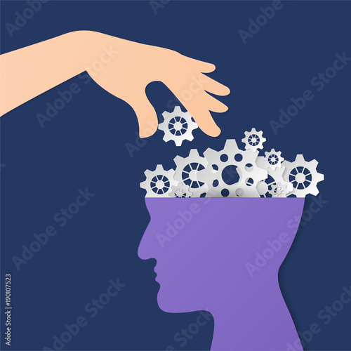 Ultra violet Human head with gears. conceptual of business human brain and hand put cogwheel idea connection teamwork