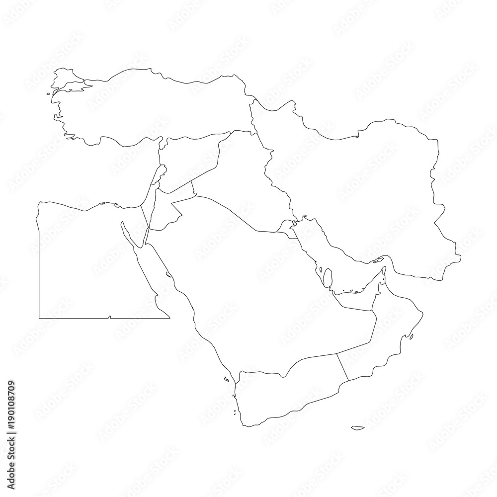 Blank map of Middle East, or Near East. Simple flat outline vector ilustration.
