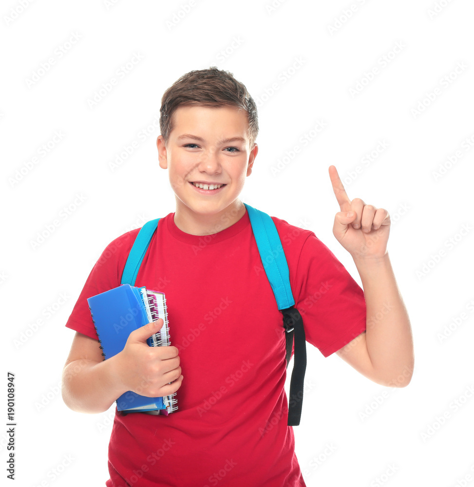 Teenage boy with backpack and notebooks on white background Teenage boy with backpack and notebooks on white background