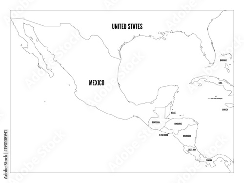 Political map of Central America and Mexico in four shades of green. Simple thin black outline vector illustration.
