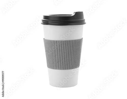 Blank take away kraft coffee cup isolated on white background. Black and white.