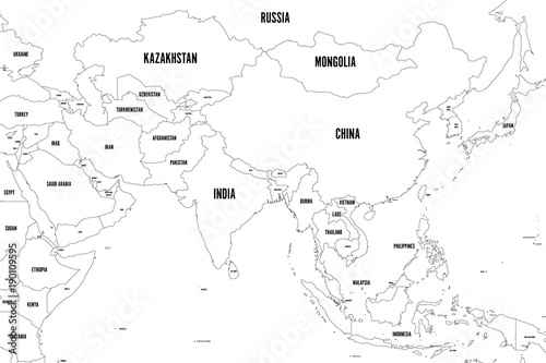 Political map of western, southern and eastern Asia. Thin black outline borders. Vector illustration.