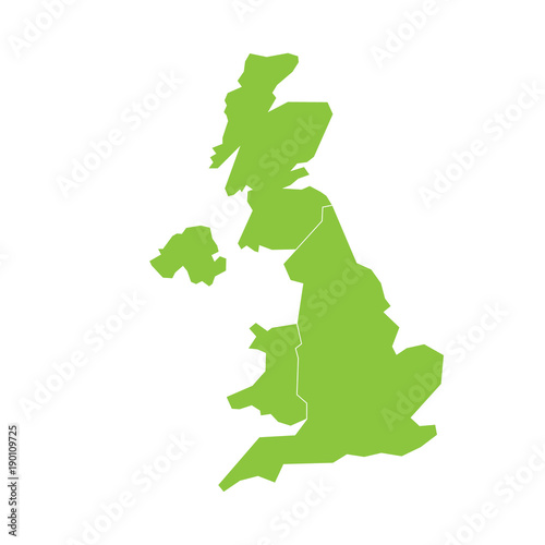 United Kingdom, UK, of Great Britain and Northern Ireland map. Divided to four countries - England, Wales, Scotland and NI. Simple flat green vector illustration.